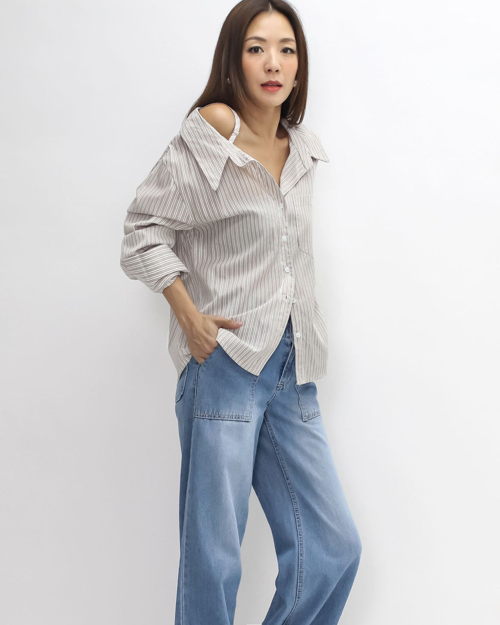 beige & ivory stripes cutout shoulder shirt *pre-order*