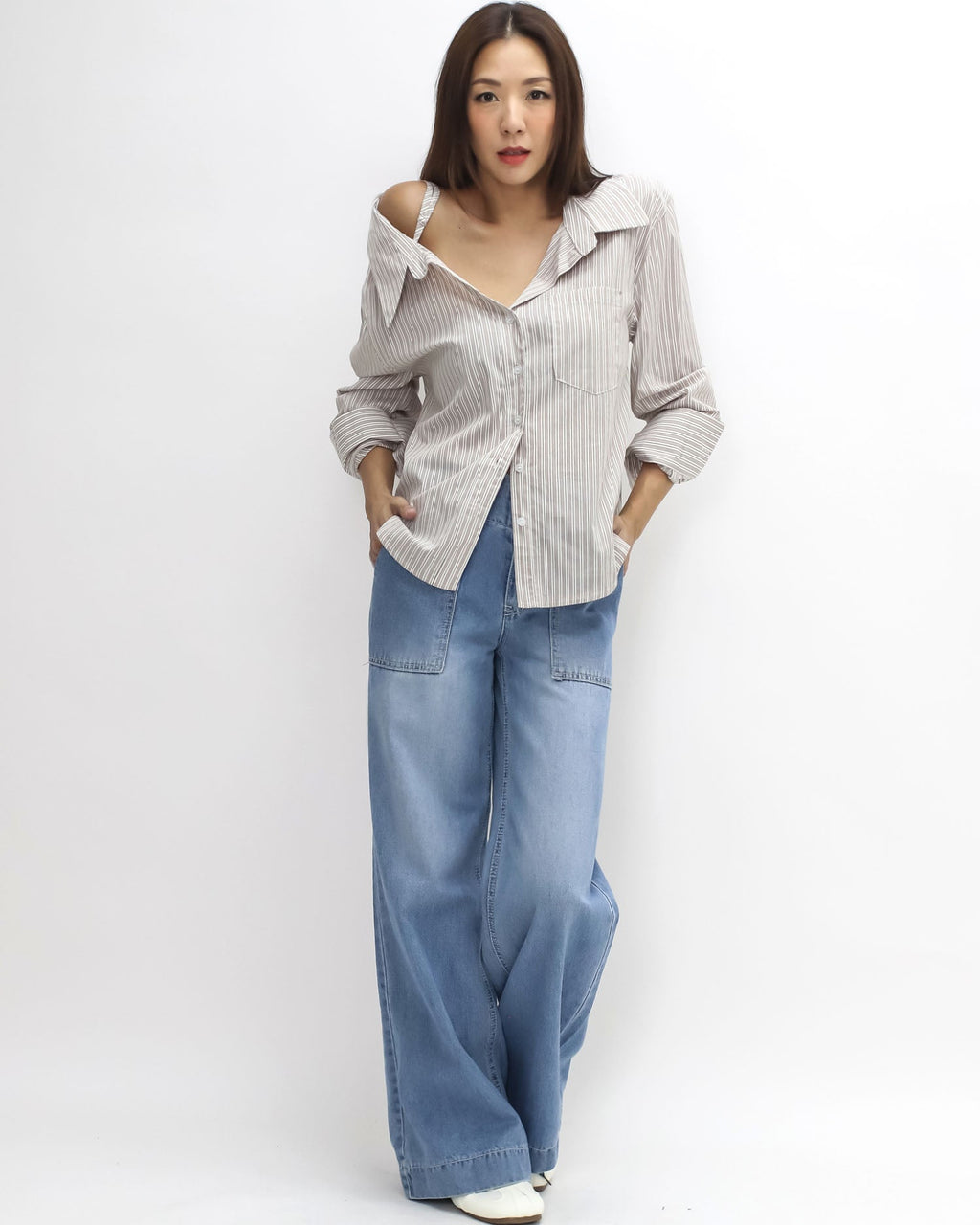 beige & ivory stripes cutout shoulder shirt *pre-order*