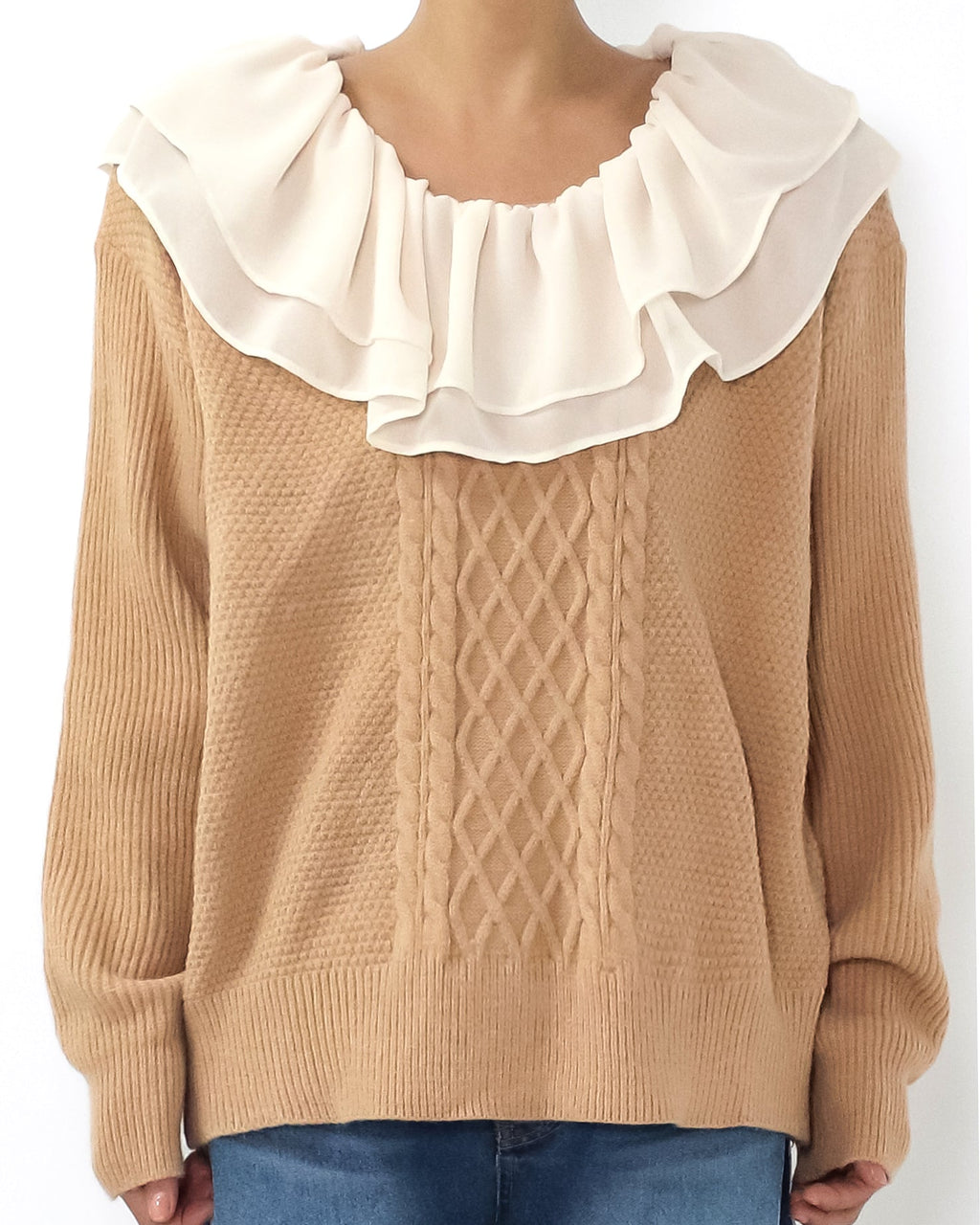 beige & ivory mesh layer neckline knitted top *pre-order*