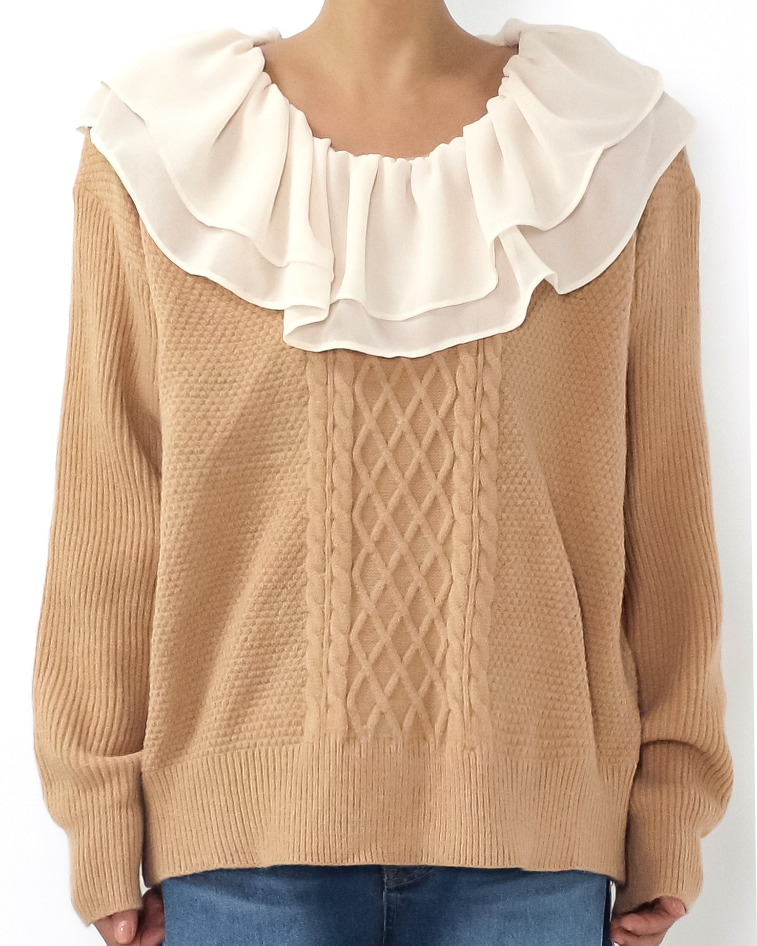 beige & ivory mesh layer neckline knitted top *pre-order*