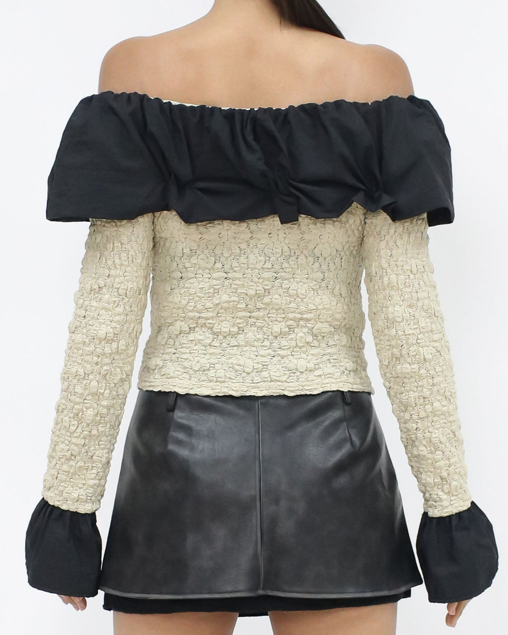 beige texture w/ black shirt ruffles off shoulder top