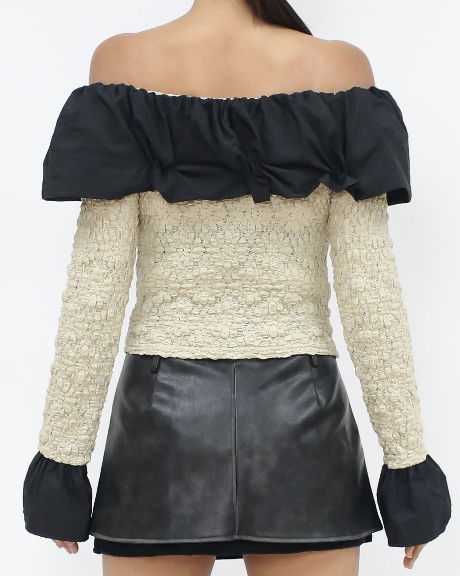 beige texture w/ black shirt ruffles off shoulder top