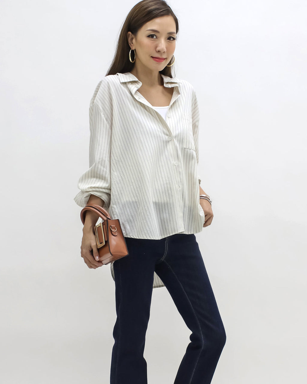 ivory w/ beige stripes label back shirt *pre-order*