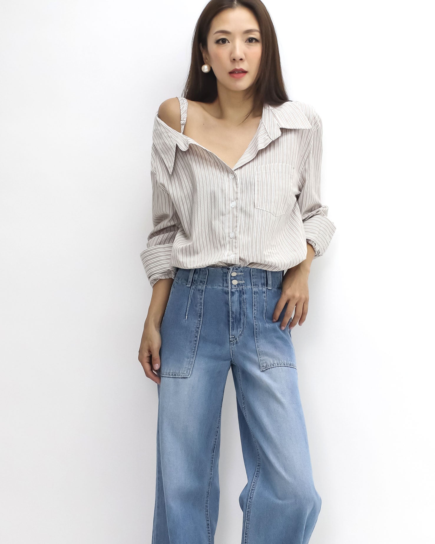 beige & ivory stripes cutout shoulder shirt *pre-order*