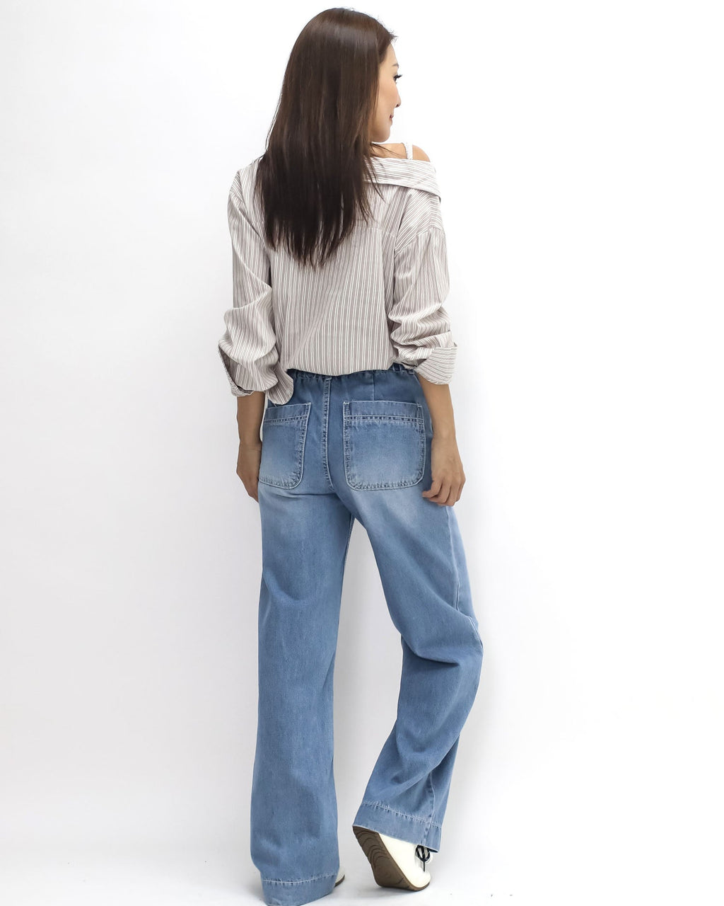 beige & ivory stripes cutout shoulder shirt *pre-order*