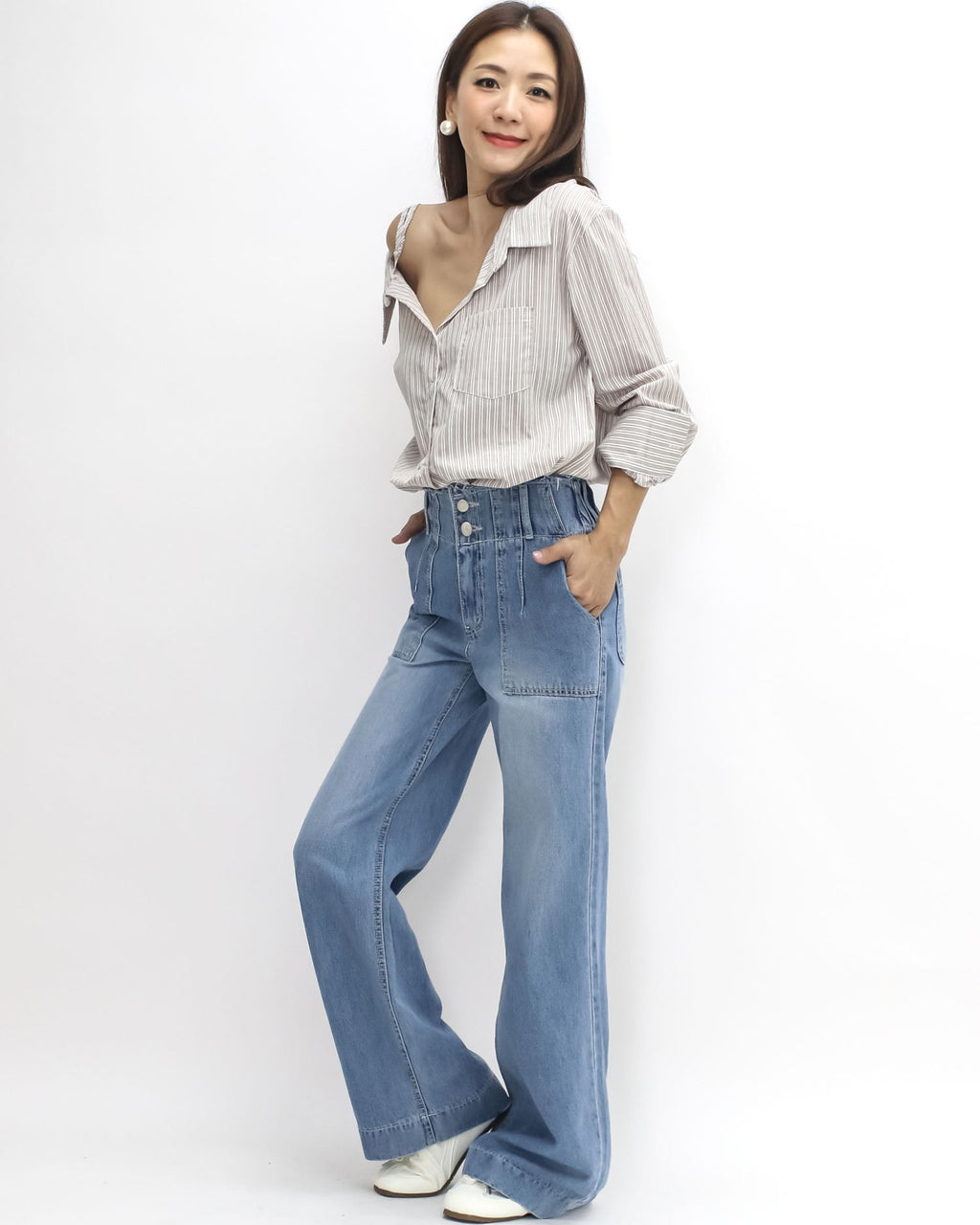 beige & ivory stripes cutout shoulder shirt *pre-order*