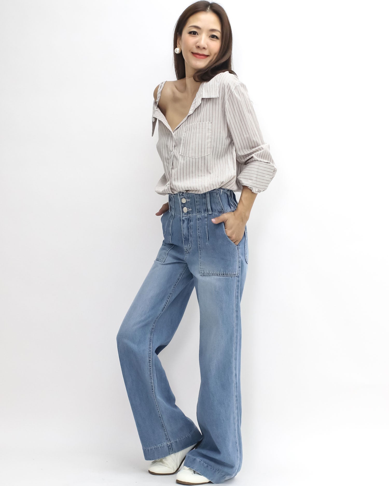 beige & ivory stripes cutout shoulder shirt *pre-order*