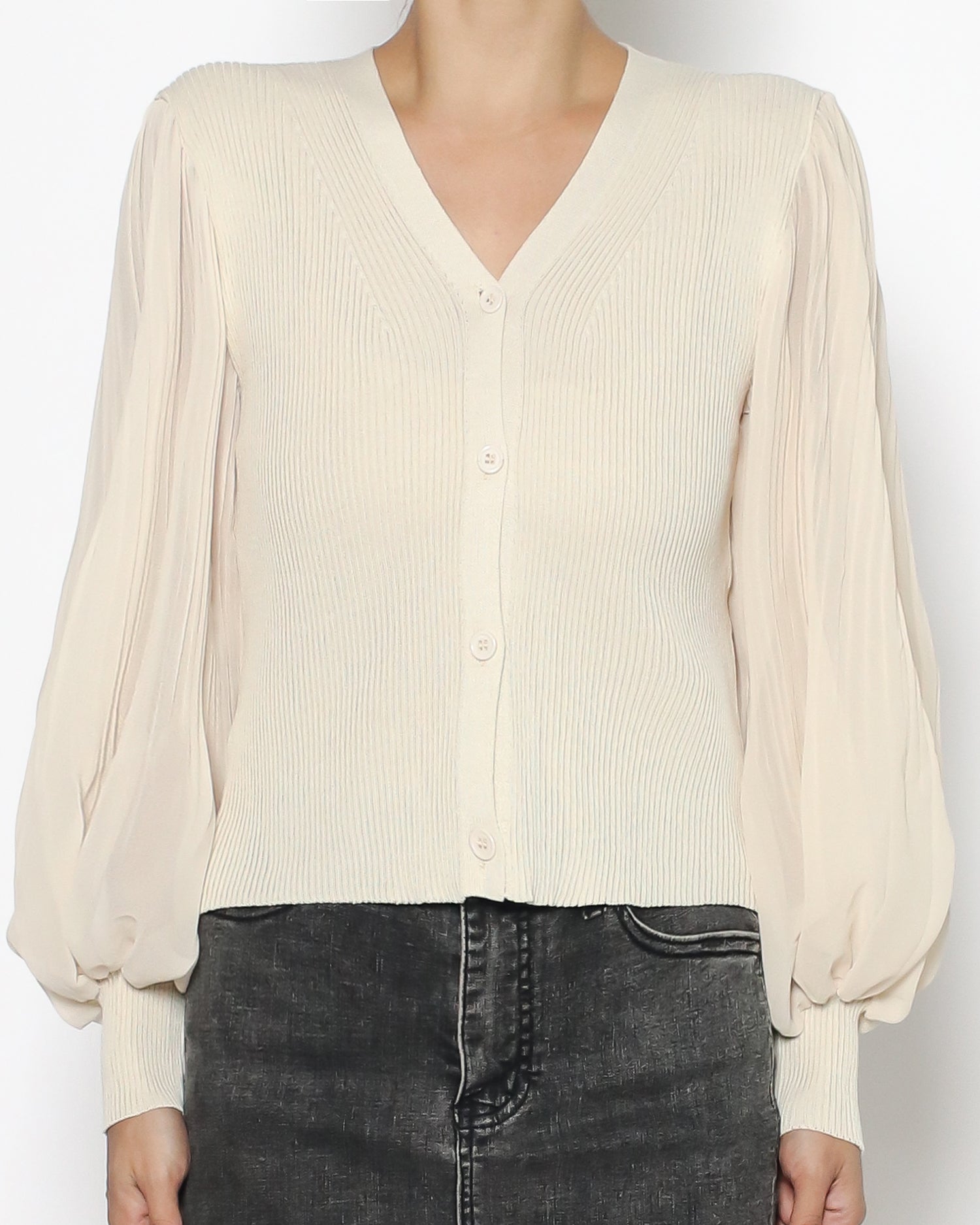 beige & mesh pleats sleeves knitted top *pre-order*