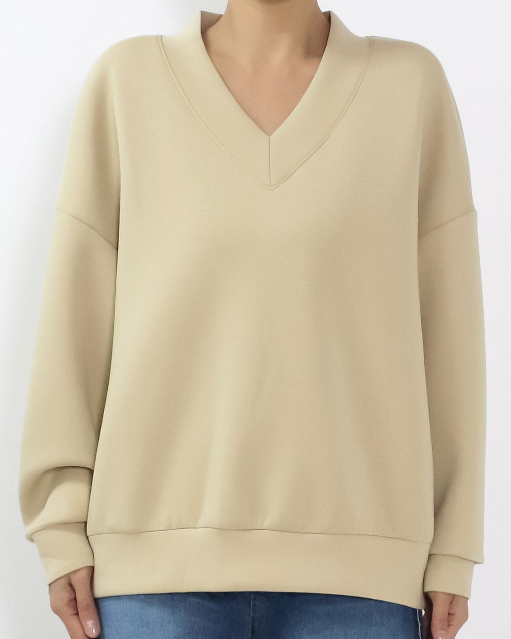 beige V neck neoprene sweatshirt *pre-order*