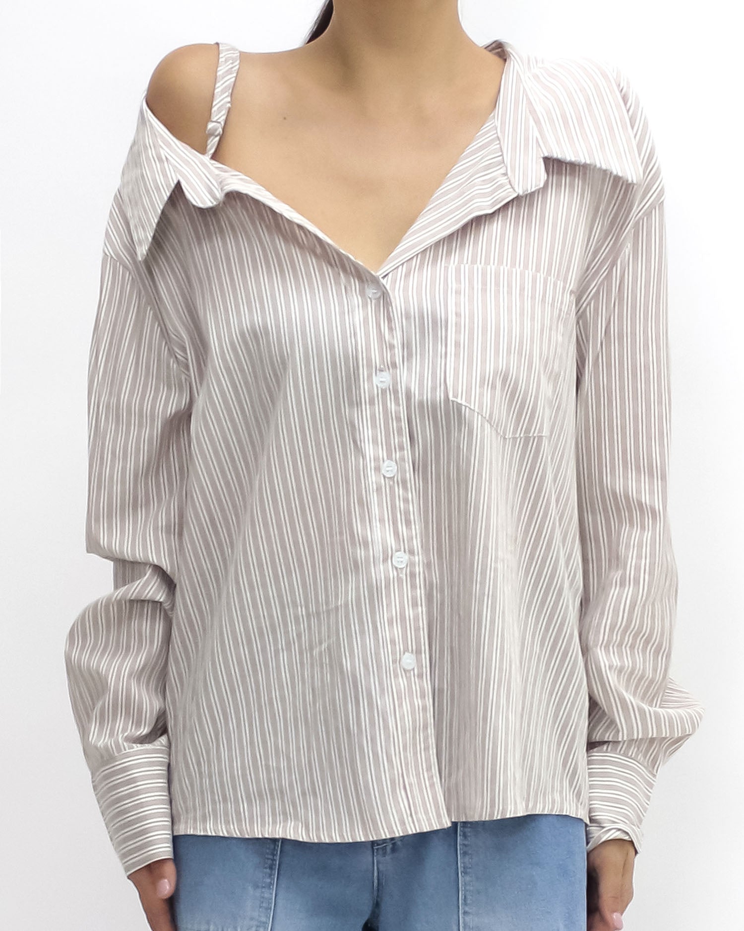 beige & ivory stripes cutout shoulder shirt *pre-order*