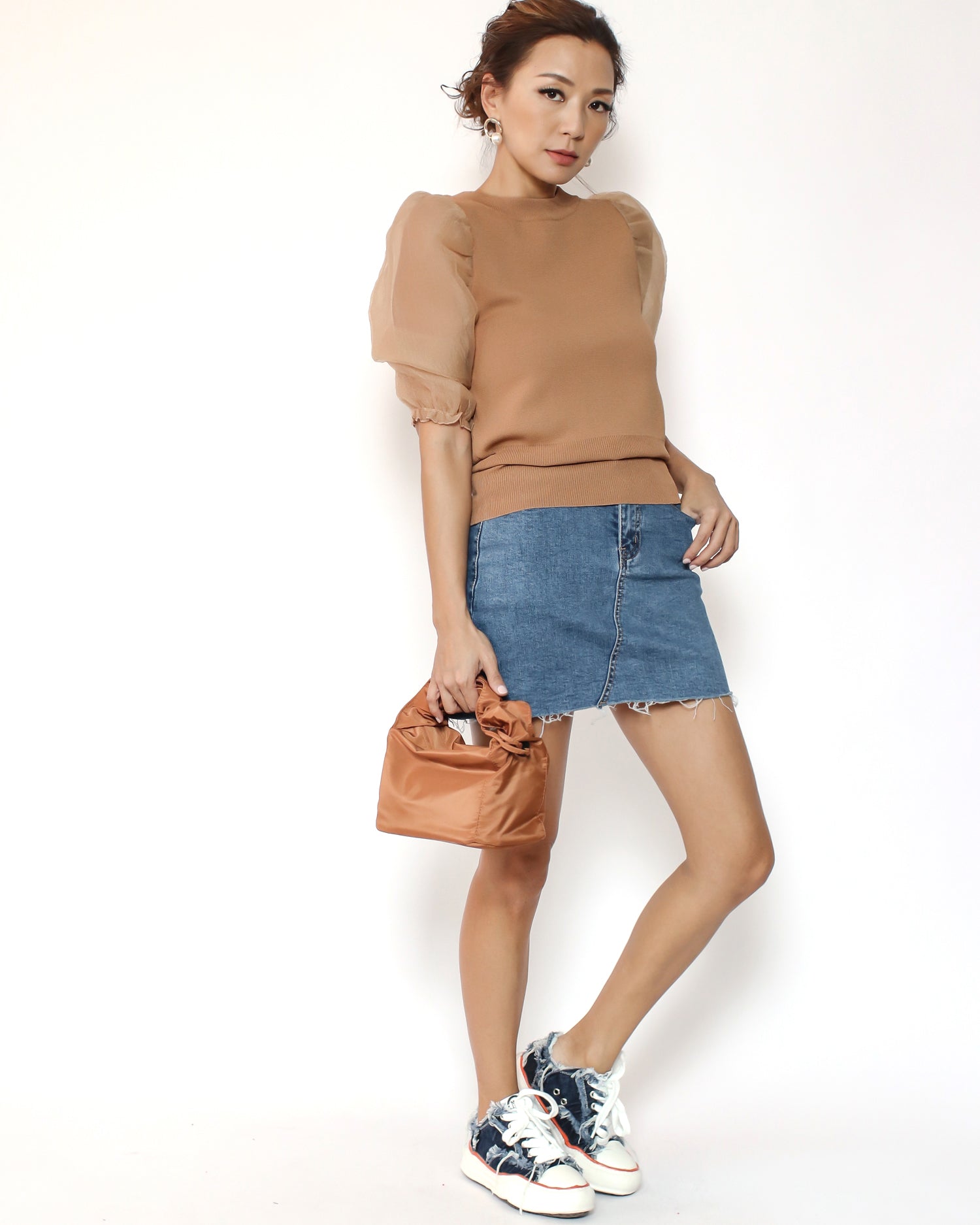 camel nylon ruched handle bag *pre-order*