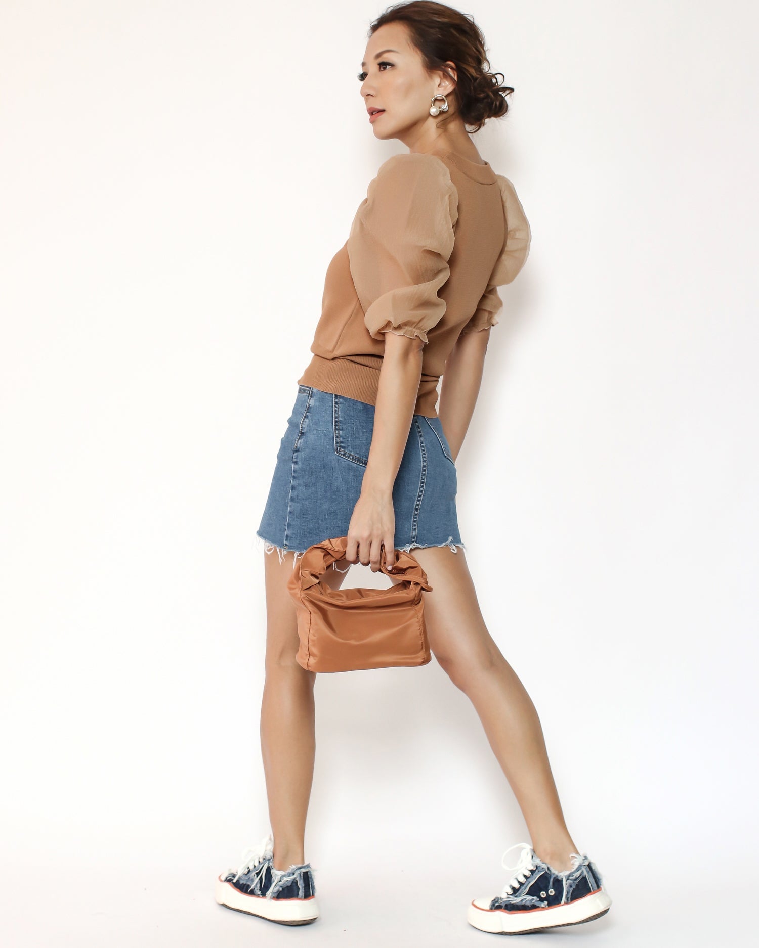 camel nylon ruched handle bag *pre-order*