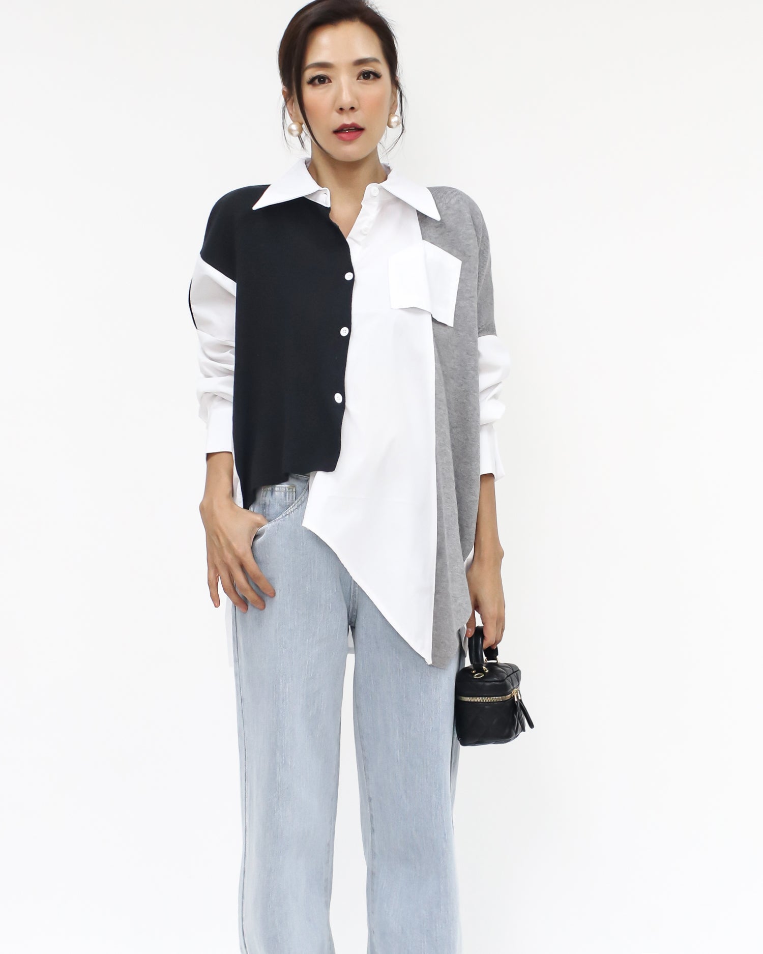 ivory & black grey asymmetric hem shirt *pre-order*