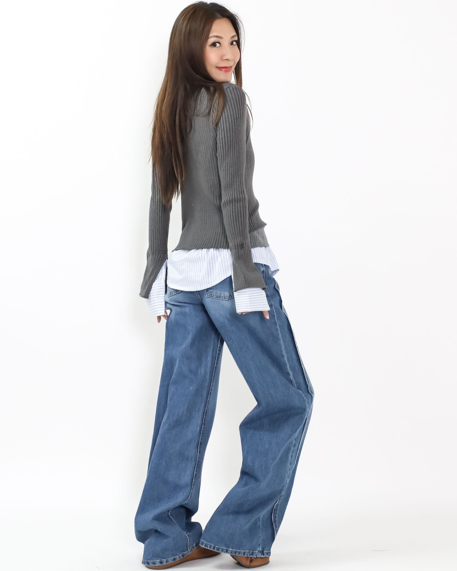 grey w/ blue stripes shirt layer knitted top *pre-order*