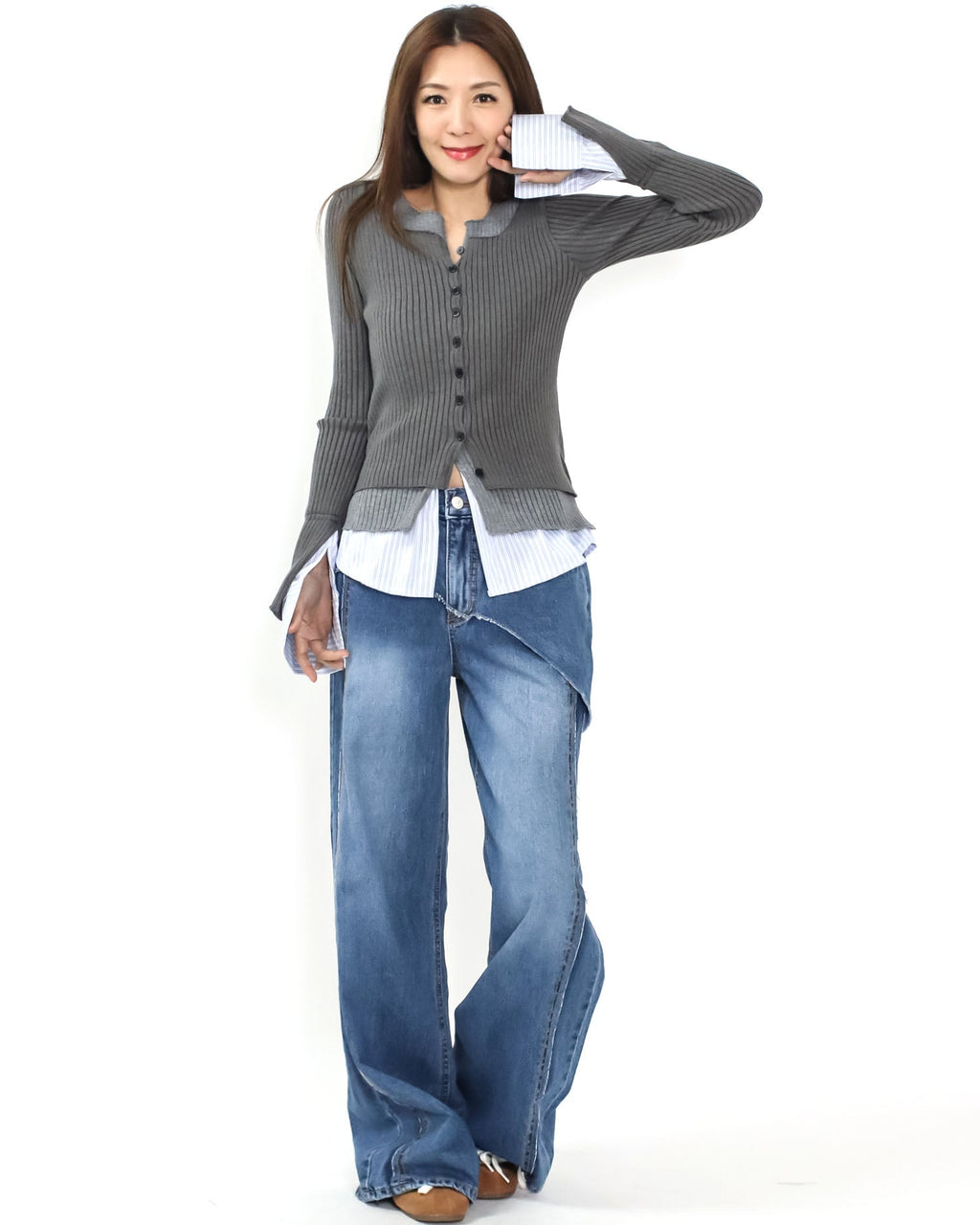 grey w/ blue stripes shirt layer knitted top *pre-order*