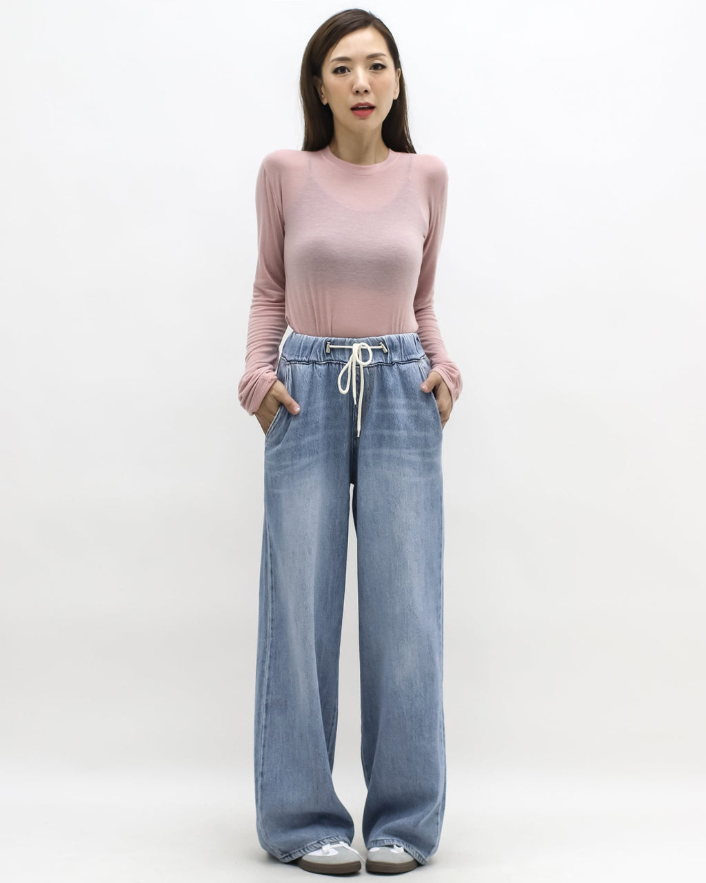 blue denim drawstring straight leg jeans *pre-order*