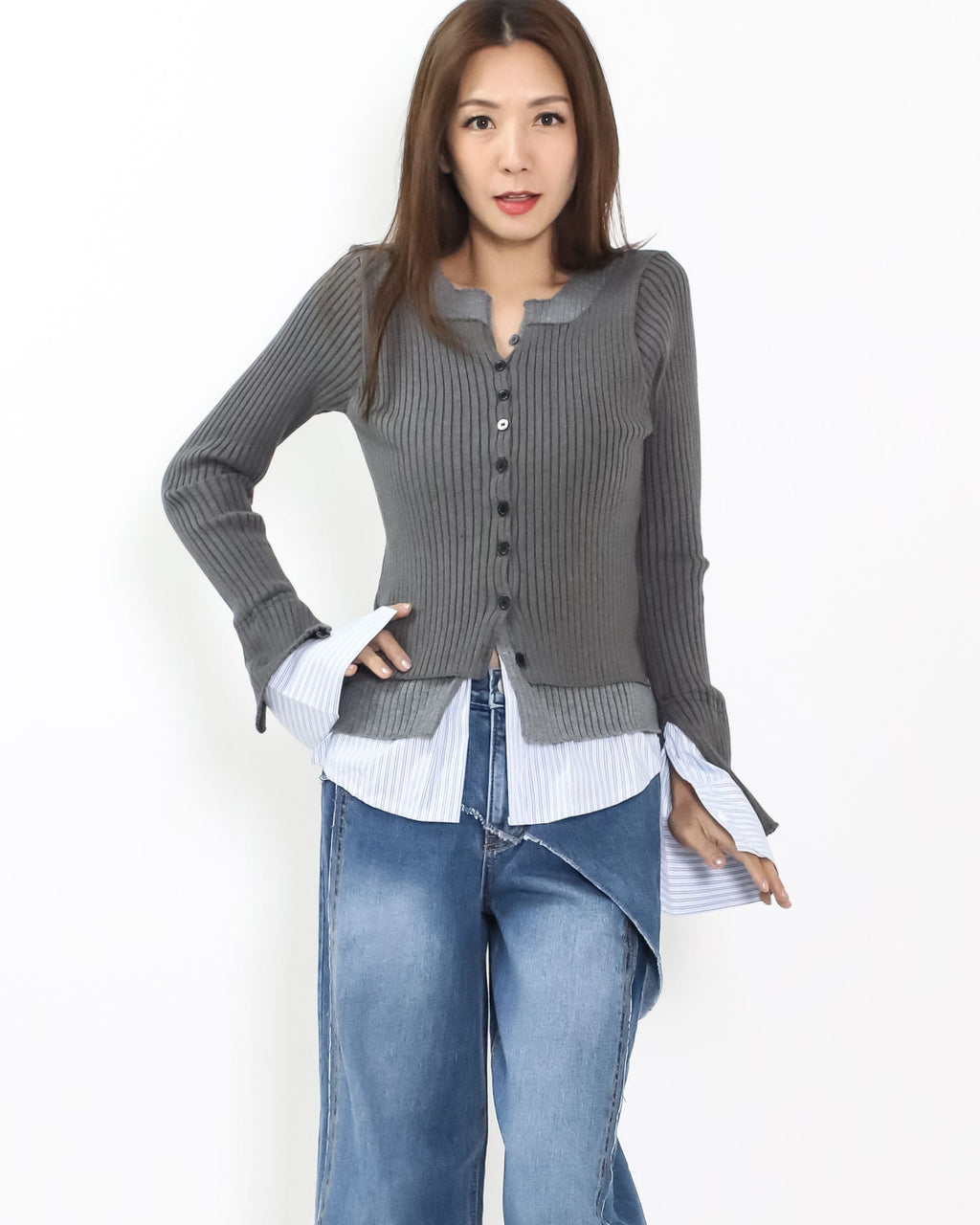 grey w/ blue stripes shirt layer knitted top *pre-order*