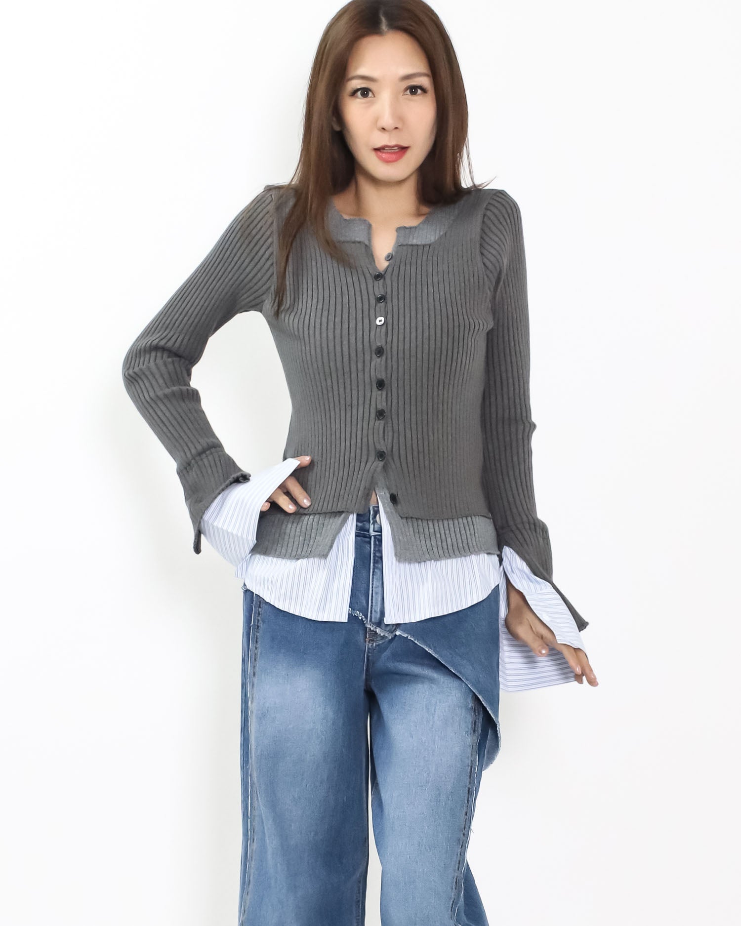 grey w/ blue stripes shirt layer knitted top *pre-order*
