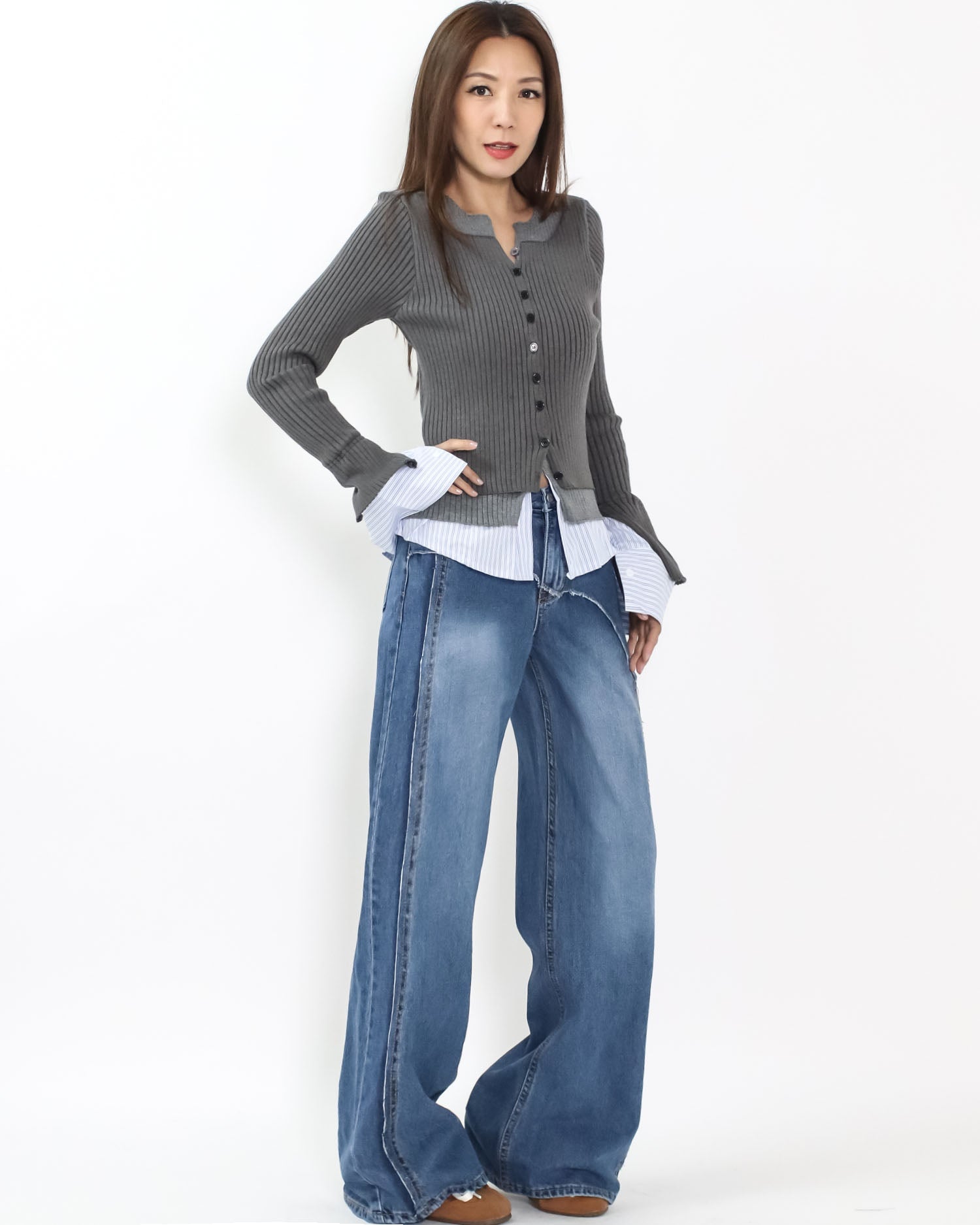 grey w/ blue stripes shirt layer knitted top *pre-order*