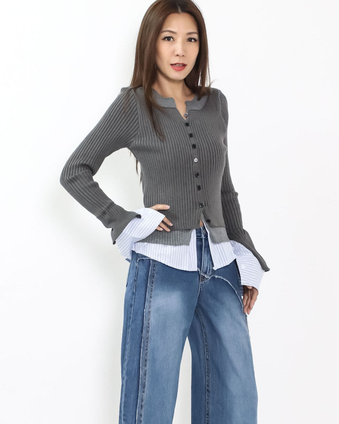 grey w/ blue stripes shirt layer knitted top *pre-order*