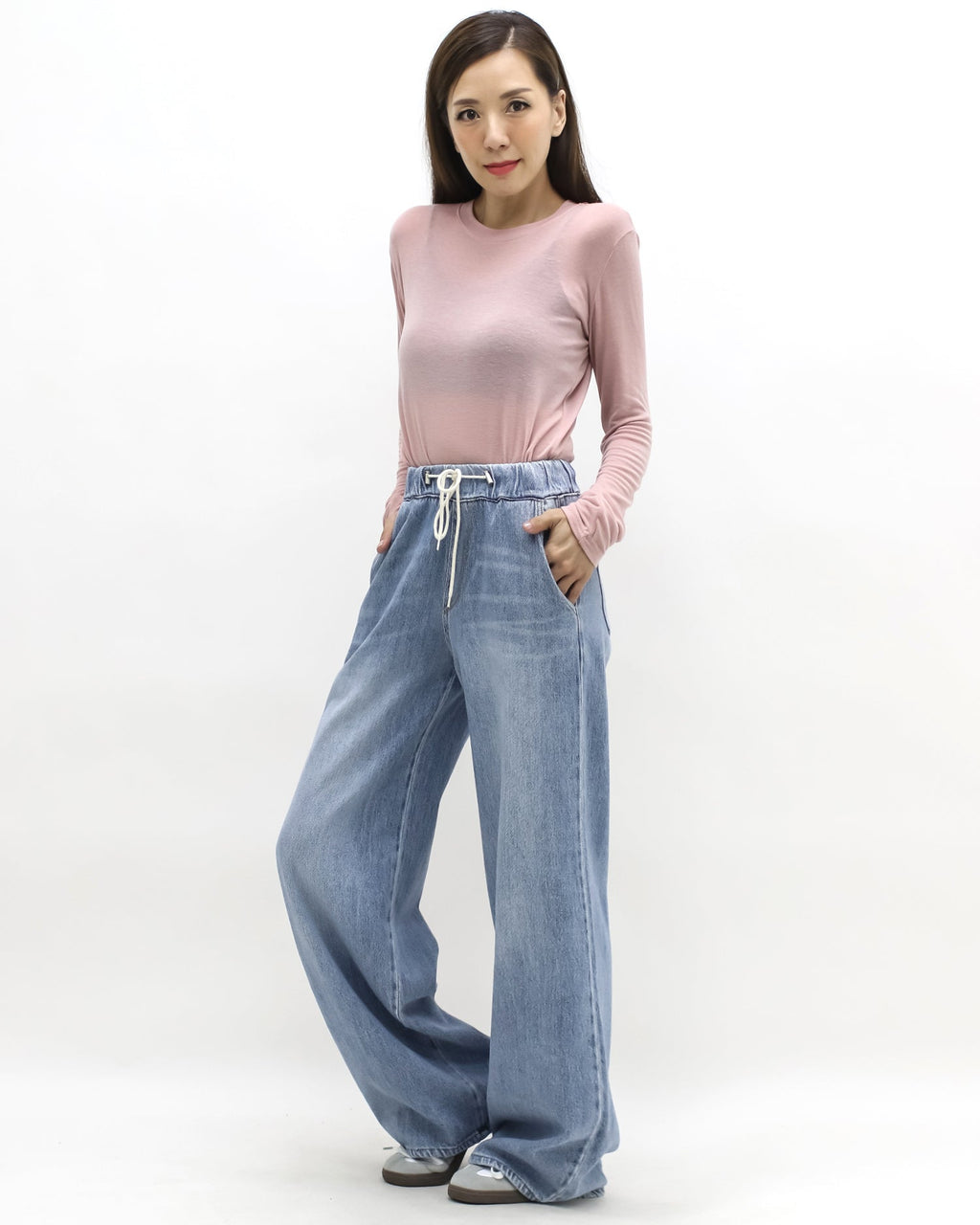 blue denim drawstring straight leg jeans *pre-order*