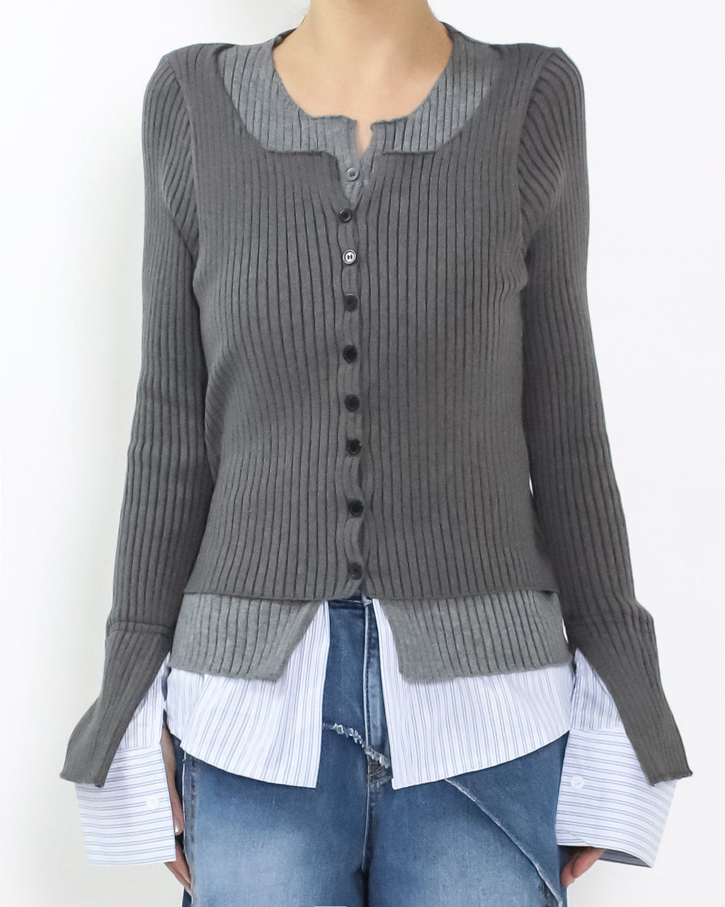 grey w/ blue stripes shirt layer knitted top *pre-order*