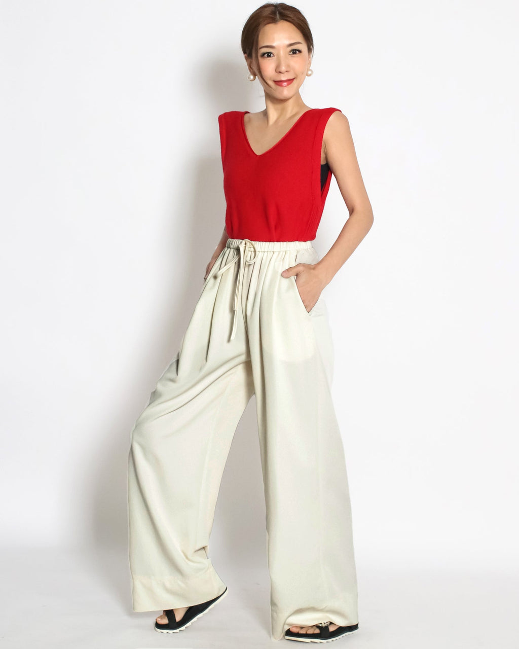 ivory slinky casual wide leg pants