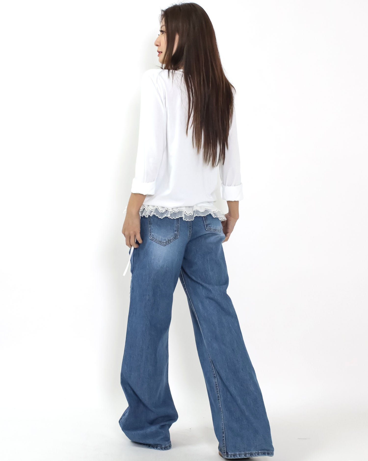 ivory w/ mesh crochet ruffles frill tee