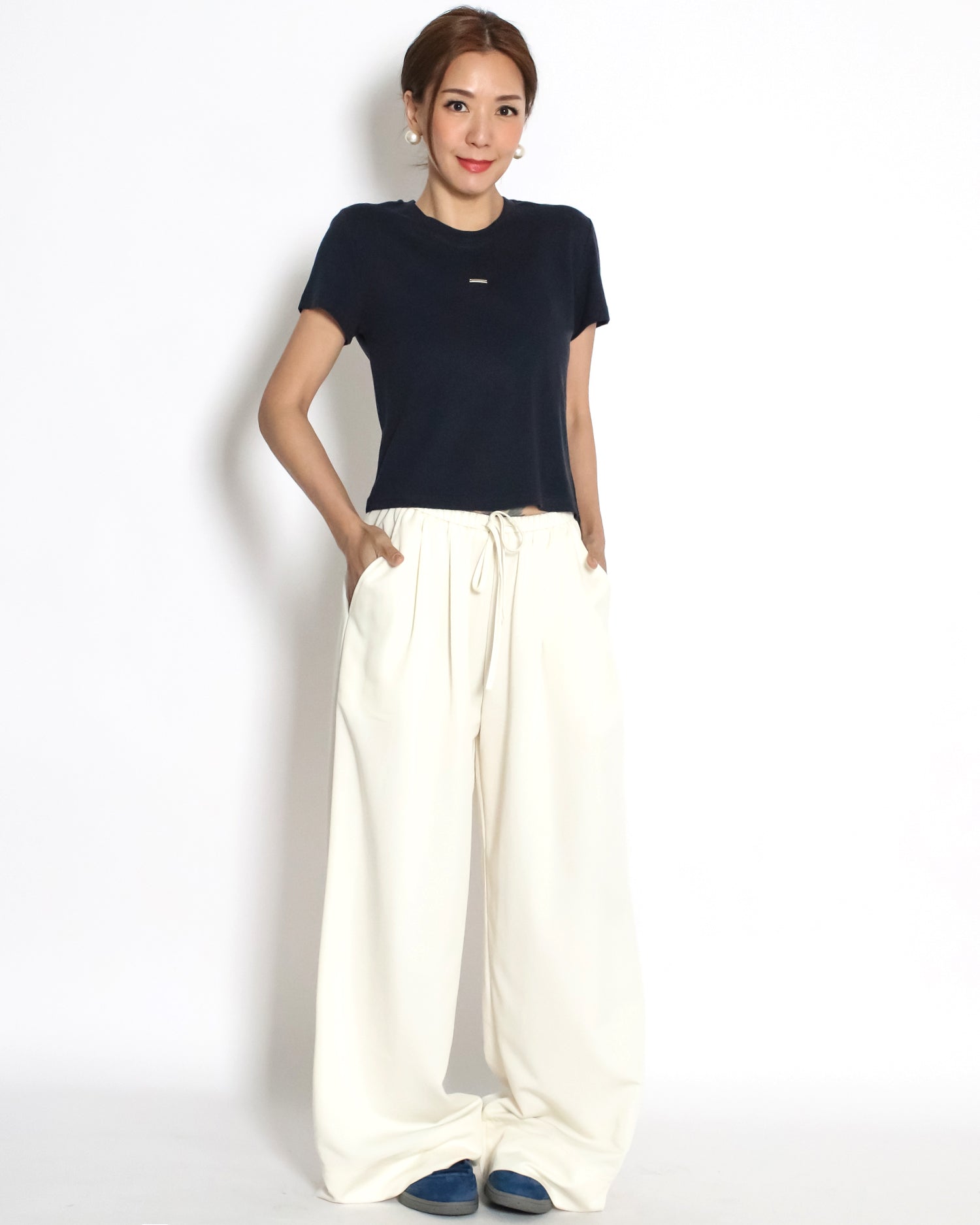 ivory slinky casual wide leg pants