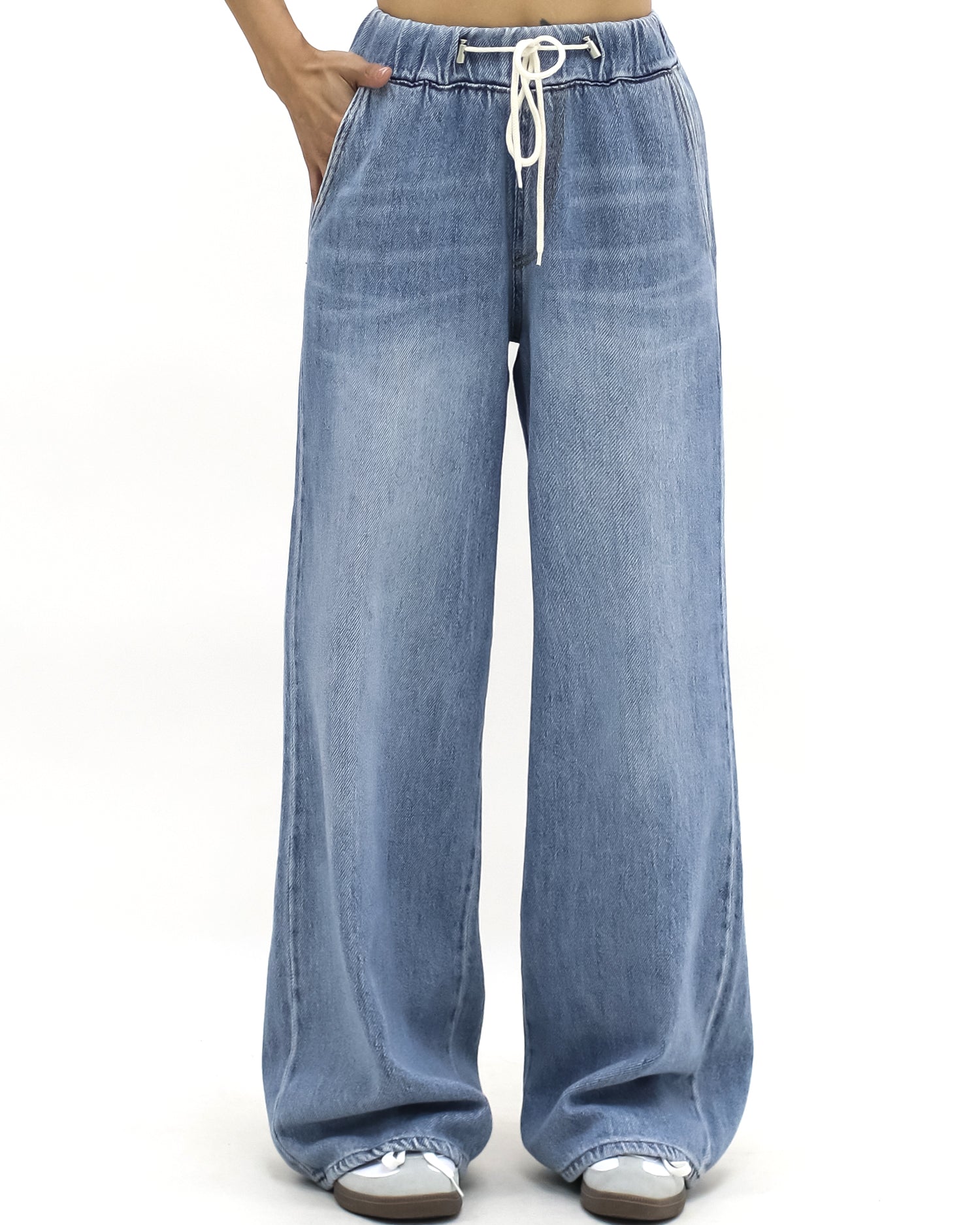 blue denim drawstring straight leg jeans *pre-order*