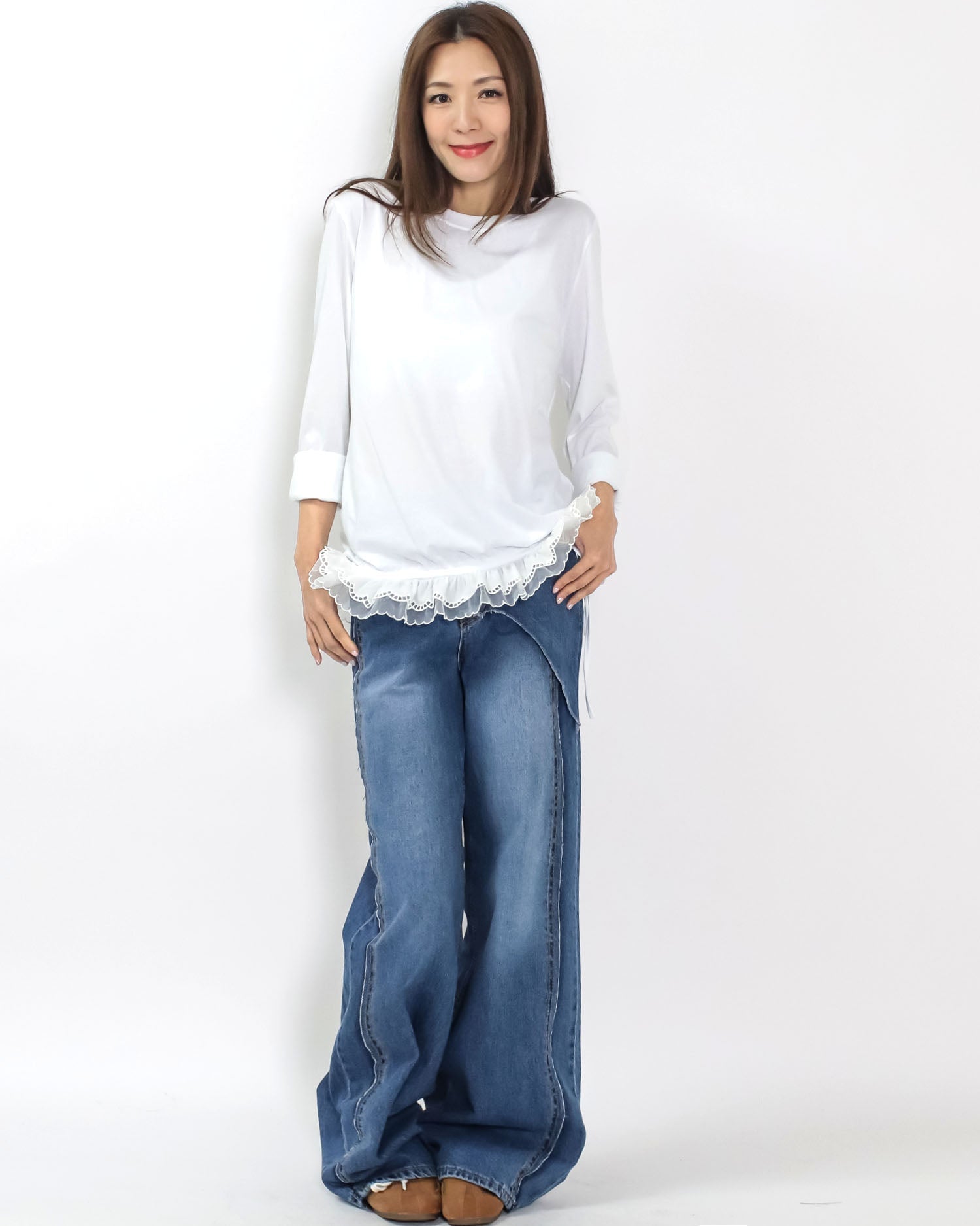 ivory w/ mesh crochet ruffles frill tee