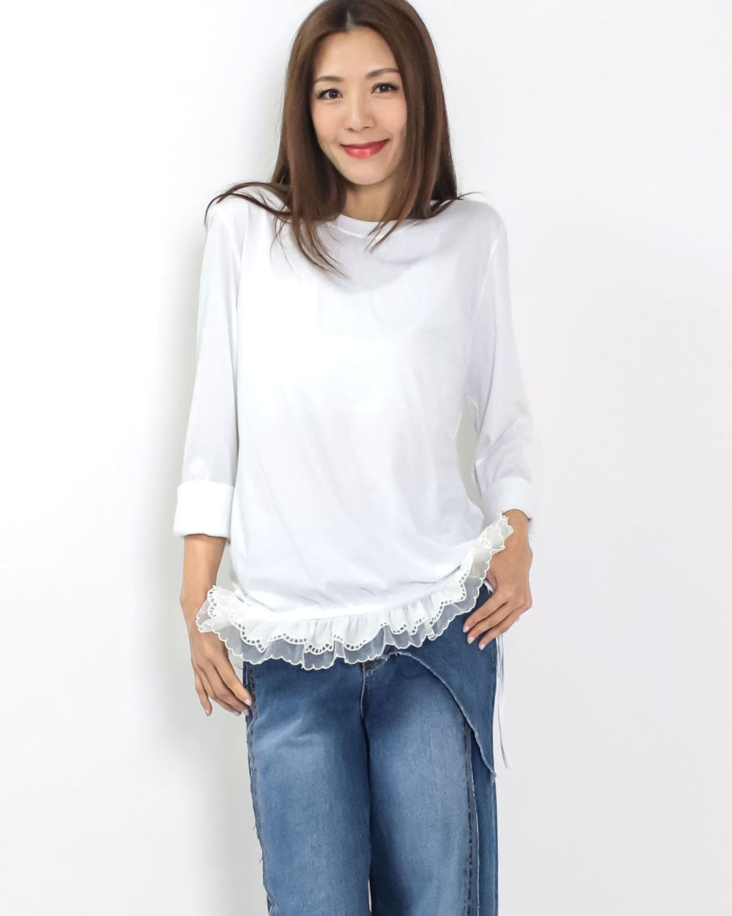 ivory w/ mesh crochet ruffles frill tee