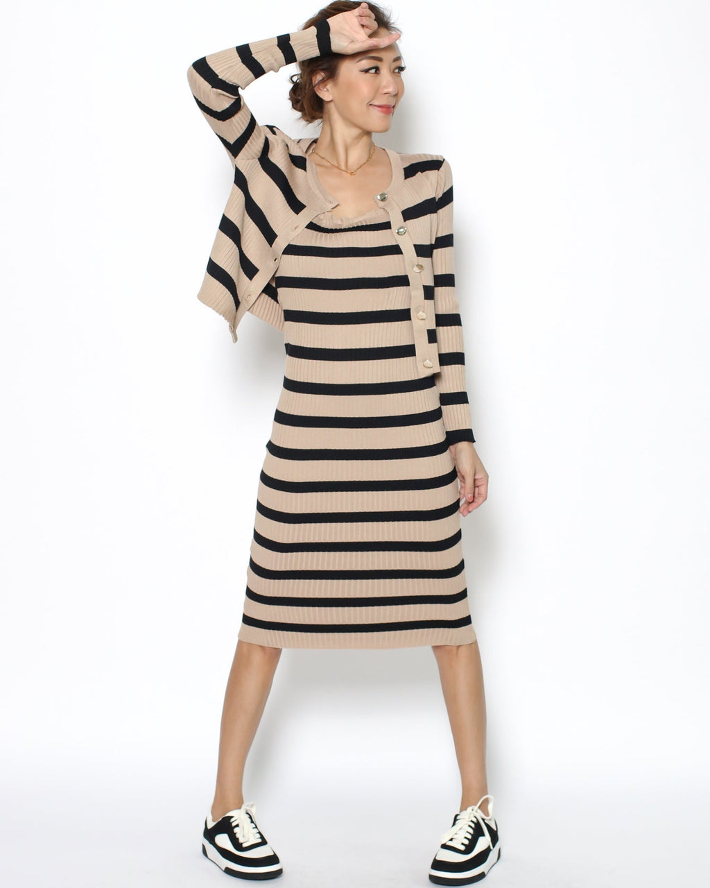 beige & black stripes slip & cardigan set *pre-order*