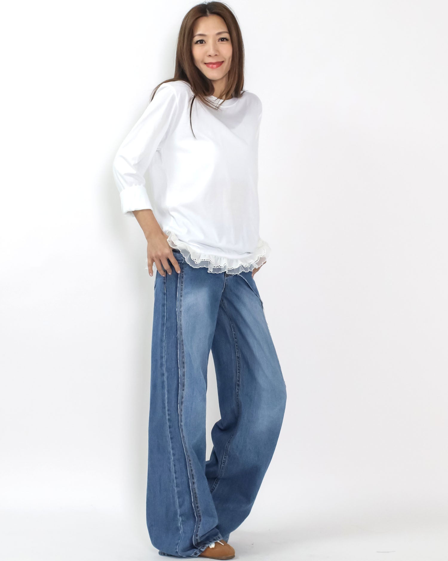 blue denim layer straight leg jeans