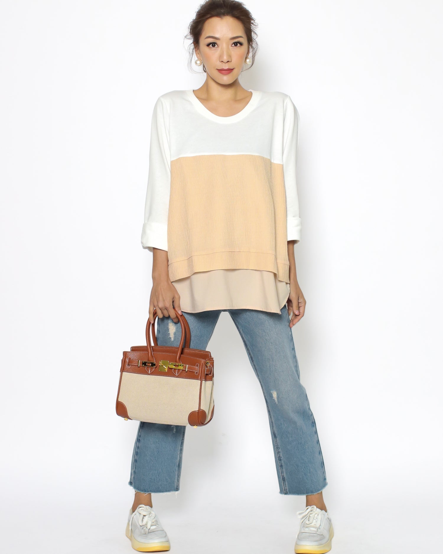 camel PU leather & canvas handle bag *pre-order*