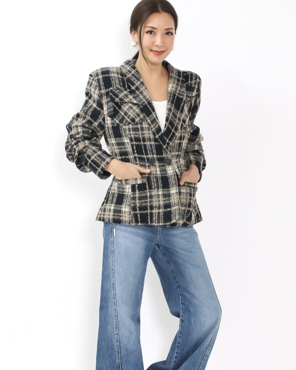 beige & black checkers wool blended jacket *pre-order*