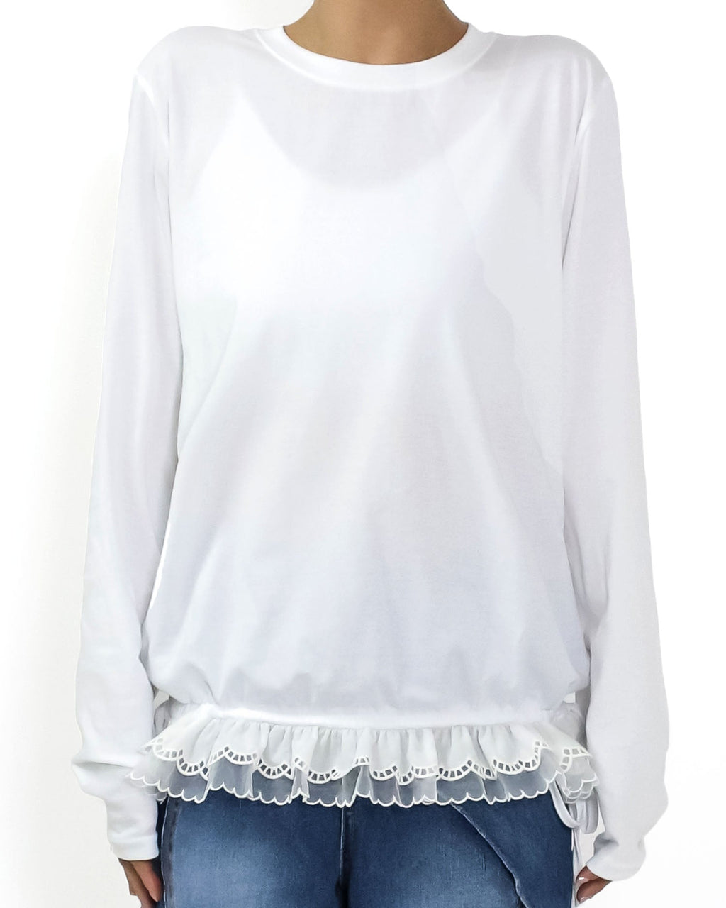 ivory w/ mesh crochet ruffles frill tee
