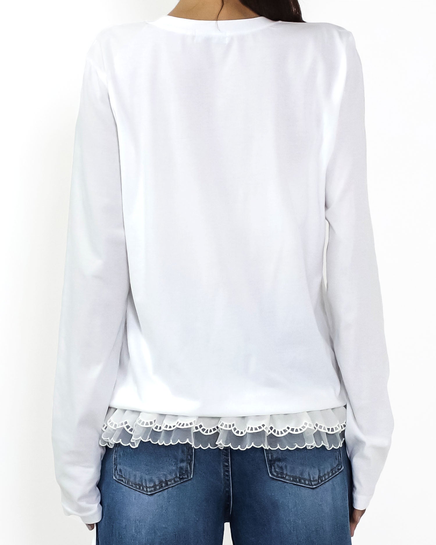 ivory w/ mesh crochet ruffles frill tee