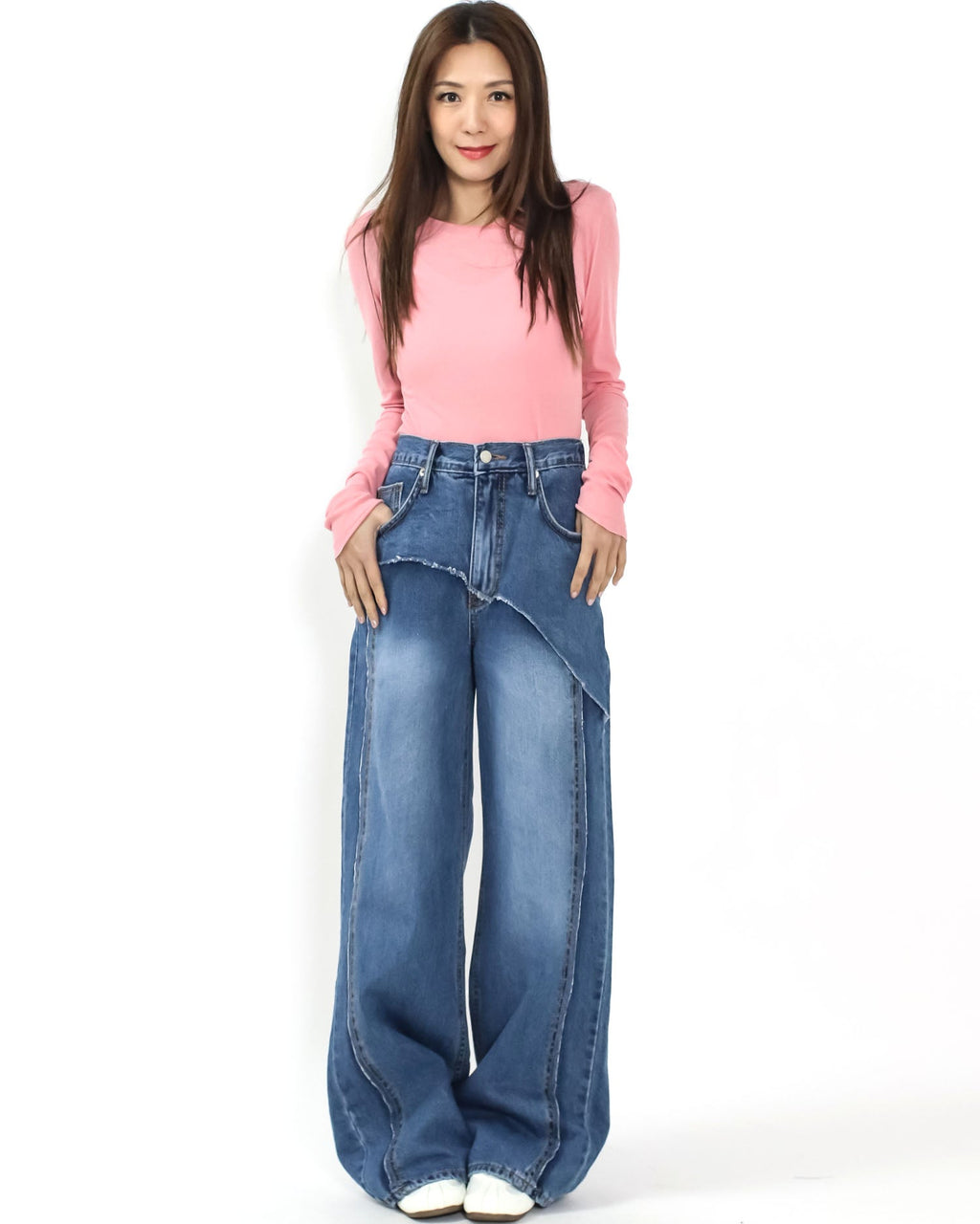 blue denim layer straight leg jeans