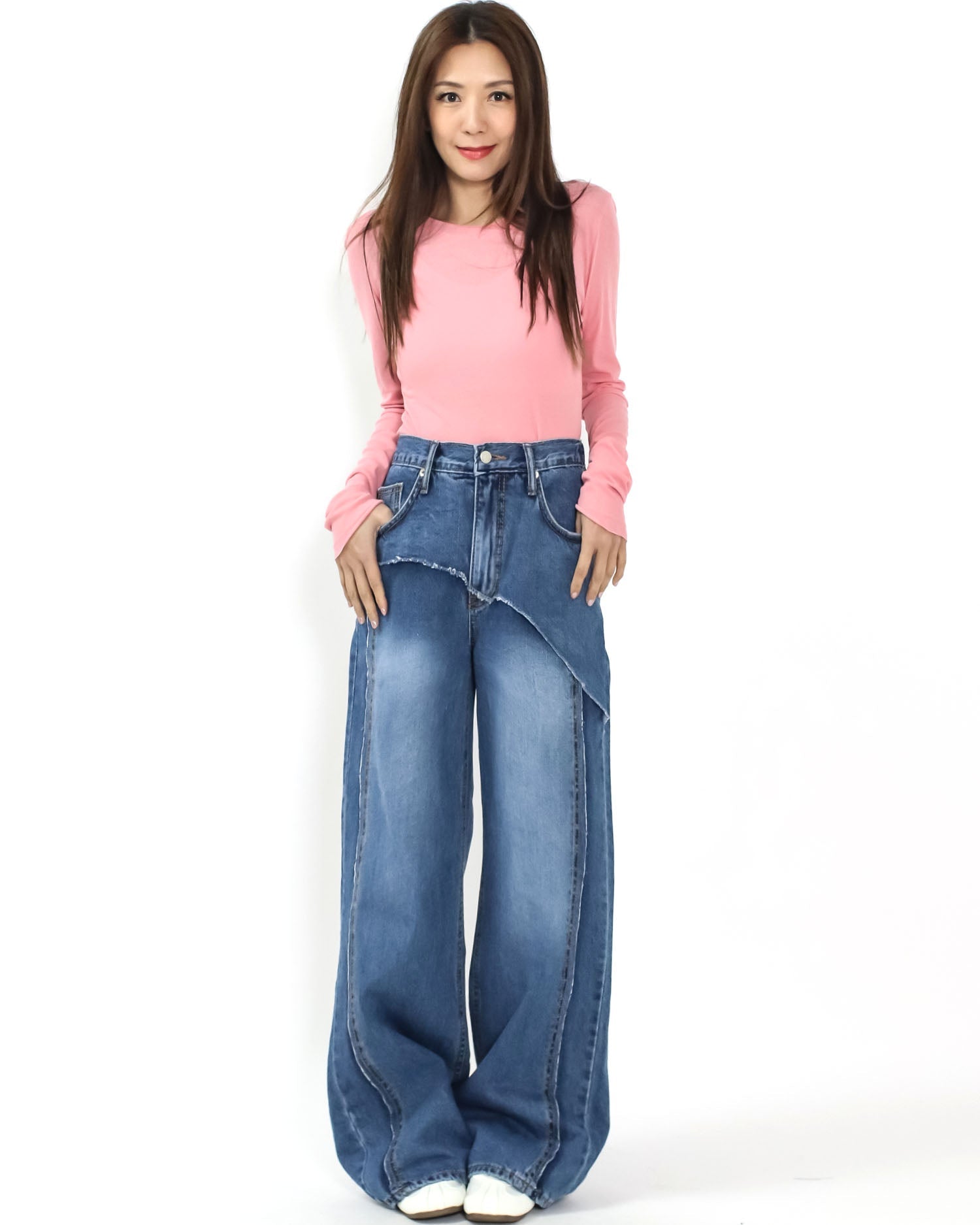 blue denim layer straight leg jeans