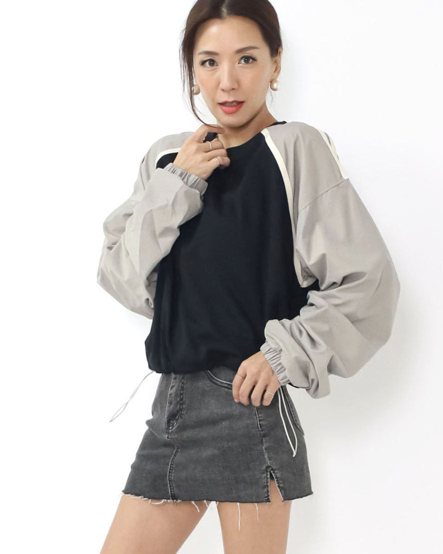 black w/ beige tech ruched sleeves sweatshirt *pre-order*