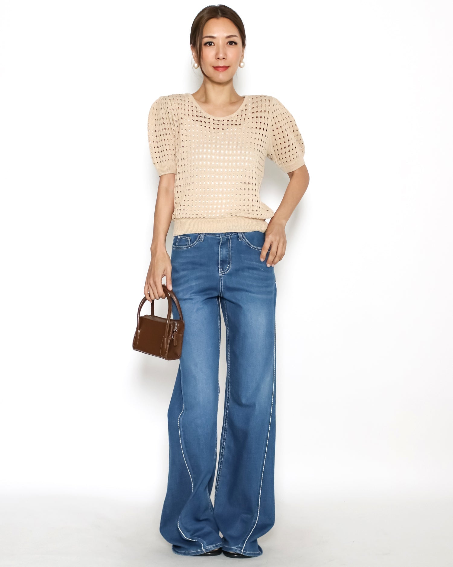 Beige cage fine knitted puff sleeves top