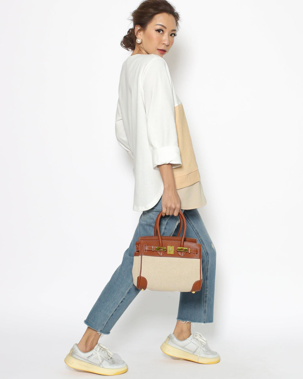 camel PU leather & canvas handle bag *pre-order*