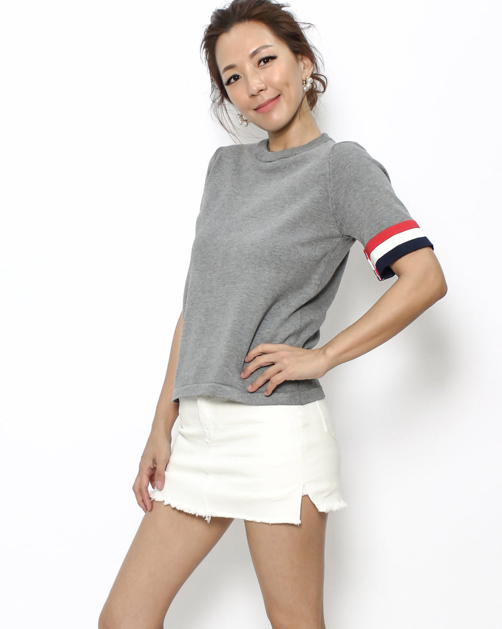 Grey knitted top & stripes sleeves *pre-order*