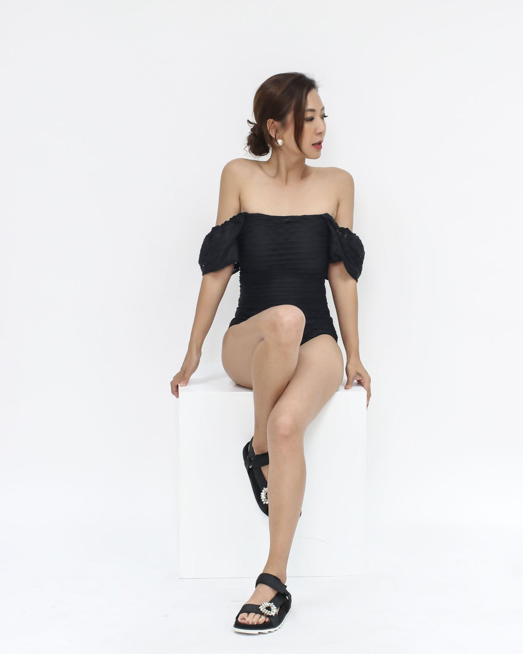 black crochet off shoulders one-piece swimwear *pre-order*