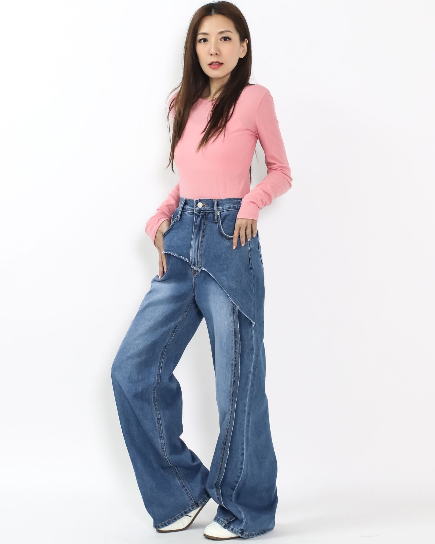 blue denim layer straight leg jeans