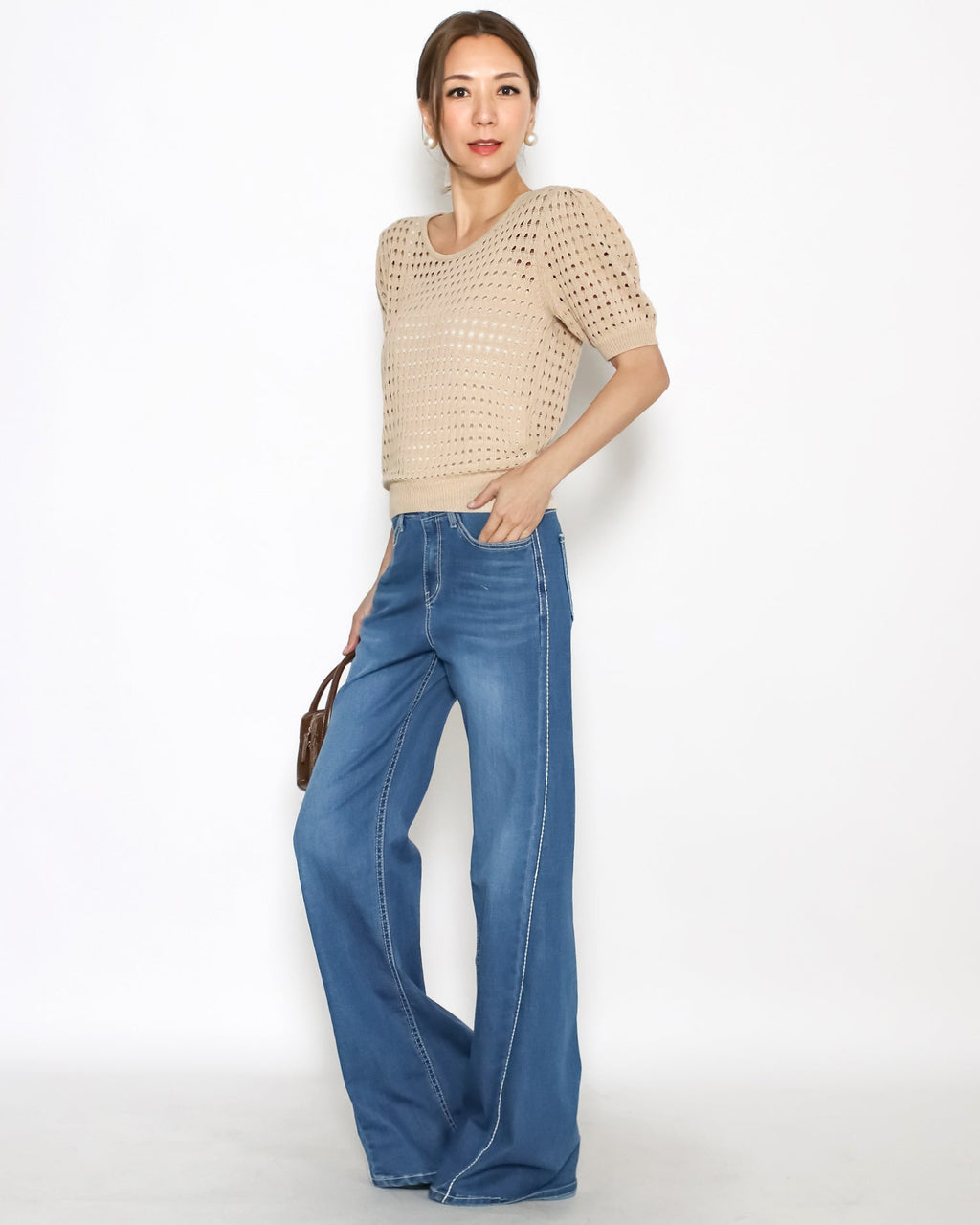 Beige cage fine knitted puff sleeves top