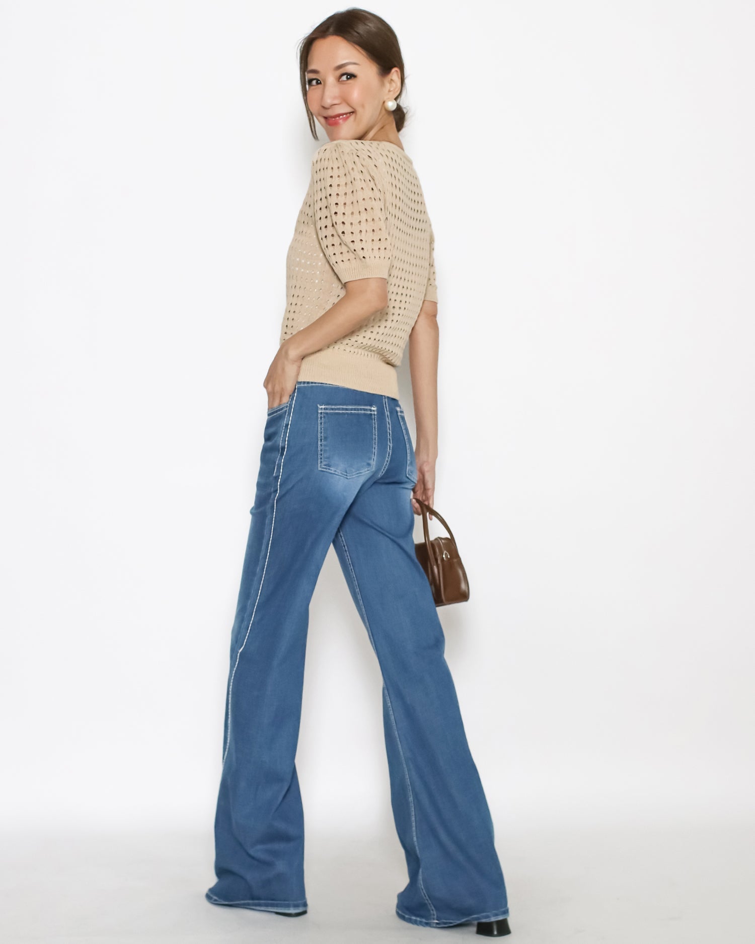 Beige cage fine knitted puff sleeves top