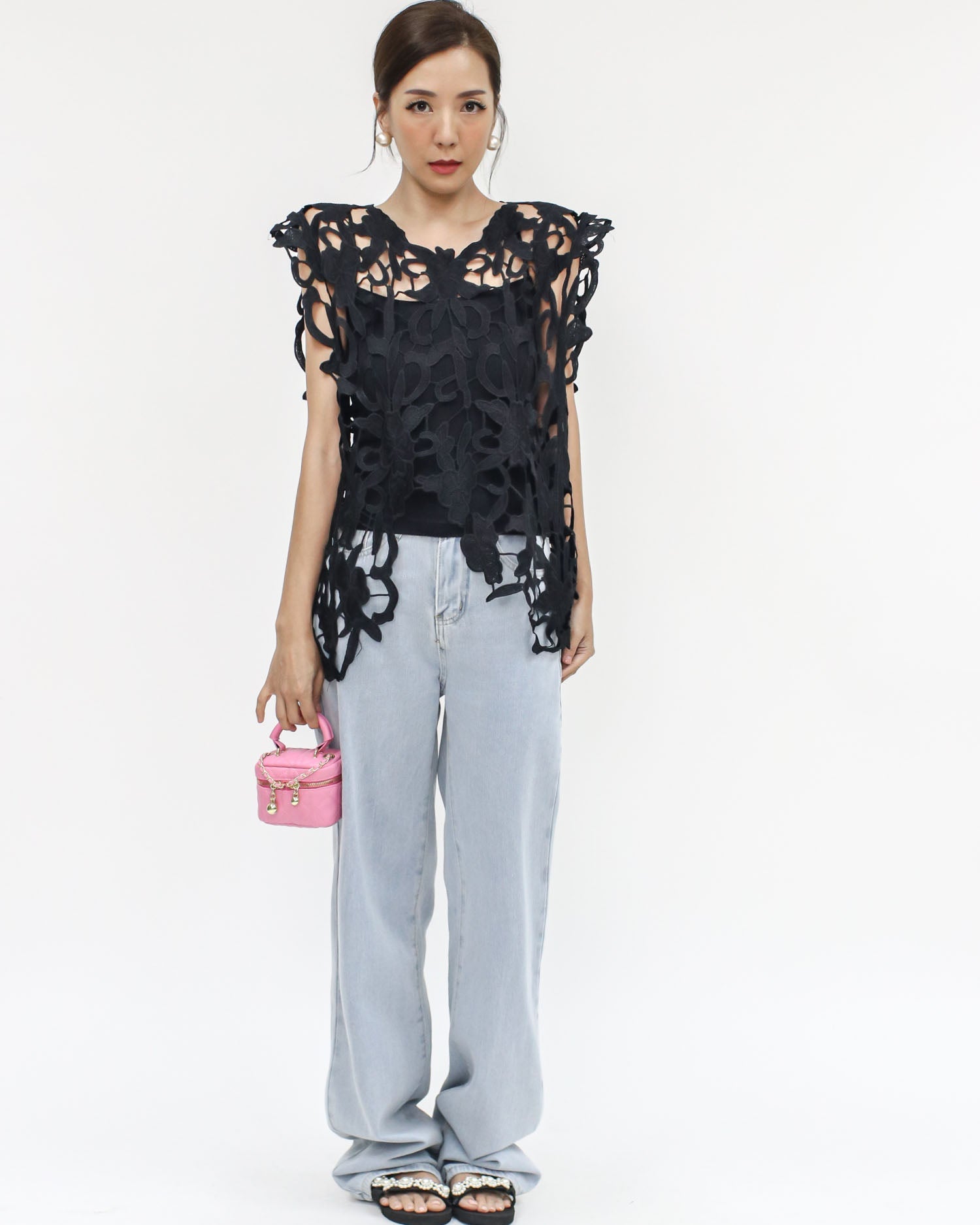 black crochet asymmetric hem vest *pre-order*