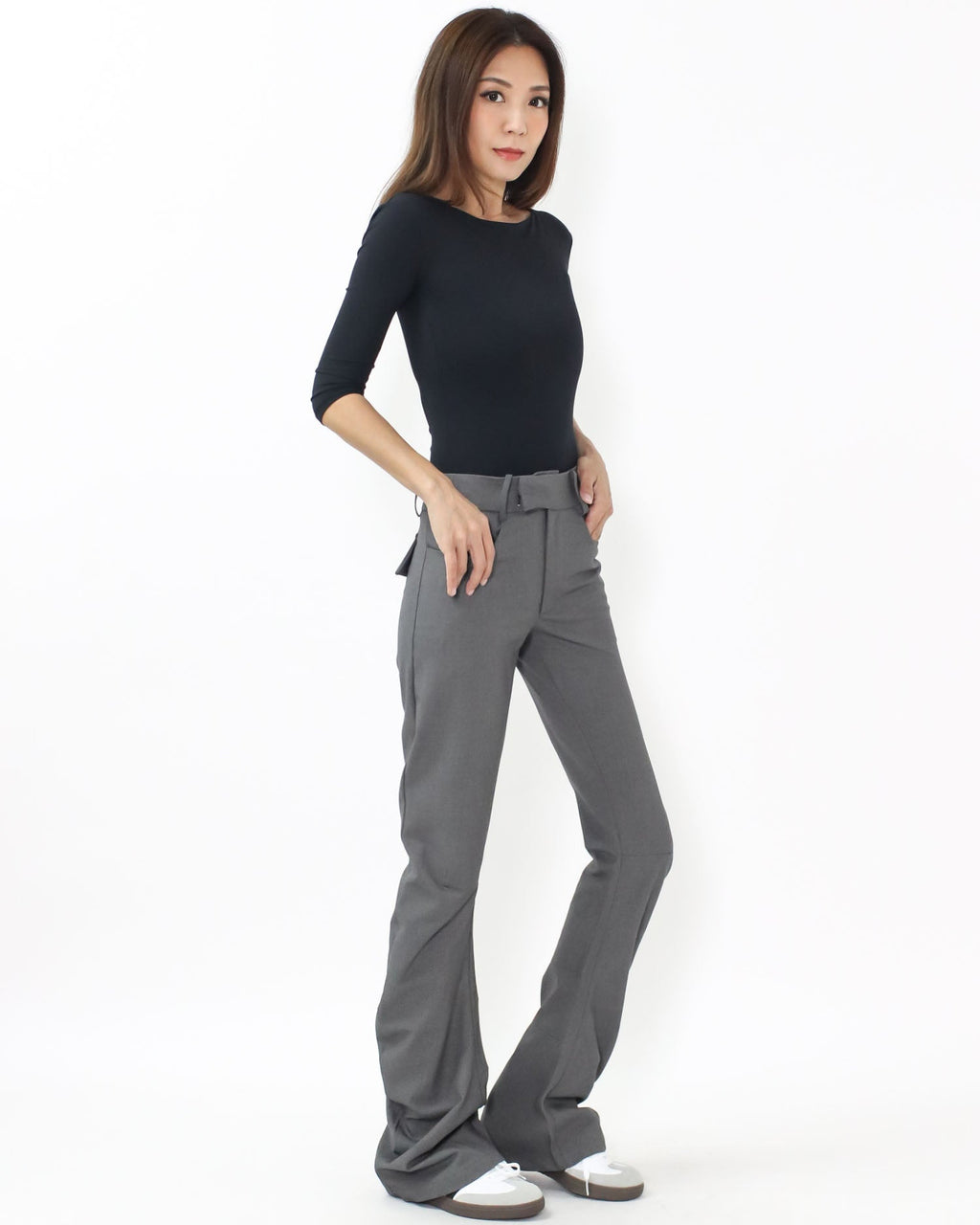 grey ruched slim low rise pants - S